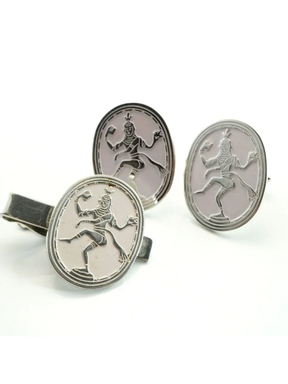 Vintage Swank Cufflinks Tie Clip Set Shiva Nataraja Hindu Silver Tone